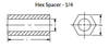1/4" OD x 3/8" L x .115" Hole Aluminum Hex Spacers, Plain (100/Pkg.)