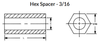 3/16" OD x 3/8" L x #4 Hole Stainless Steel Hex Spacers, Passivated (50/Pkg.)