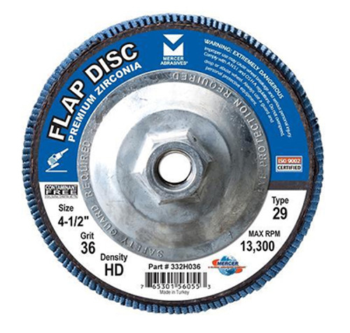 Type 29 High Density Zirconia Flap Discs - 4-1/2" x 5/8" - 11, Grit: 24, Mercer Abrasives 332H02 (10/Pkg.)