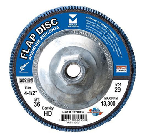 Type 29 High Density Zirconia Flap Discs - 4-1/2" x 5/8" - 11, Grit: 40, Mercer Abrasives 332H04 (10/Pkg.)