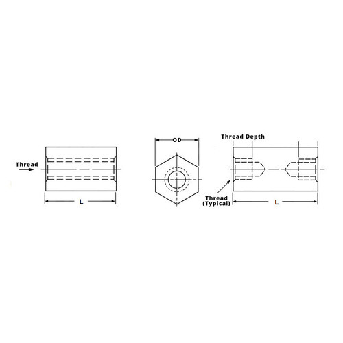 3/16" OD x 7/8" L x 2-56 Thread Aluminum Female/Female Hex Standoff, Plain (500 /Pkg.)