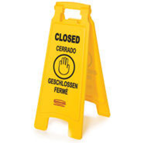 Multilingual "Closed" Sign, 2-Sided Plastic, 11" x 26", Yellow (Qty. 1)