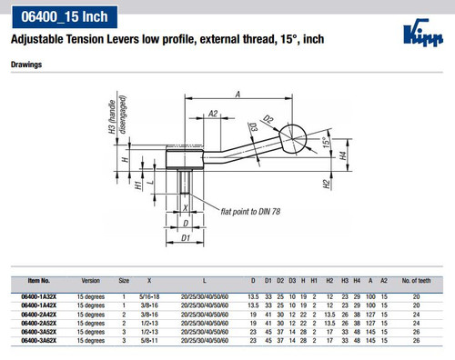 Kipp 5/8-11x30 Adjustable Tension Levers, Low Profile, External Thread, 15 Degrees, Size 3 (1/Pkg.), K0114.3A62X30