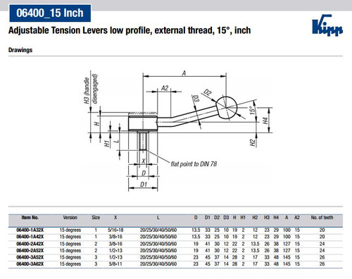 Kipp 3/8-16x25 Adjustable Tension Levers, Low Profile, External Thread, 15 Degrees, Size 1 (1/Pkg.), K0114.1A42X25