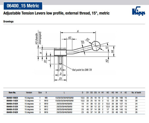 Kipp M10x25 Adjustable Tension Levers, Low Profile, External Thread, 15 Degrees, Size 1 (1/Pkg.), K0114.1102X25