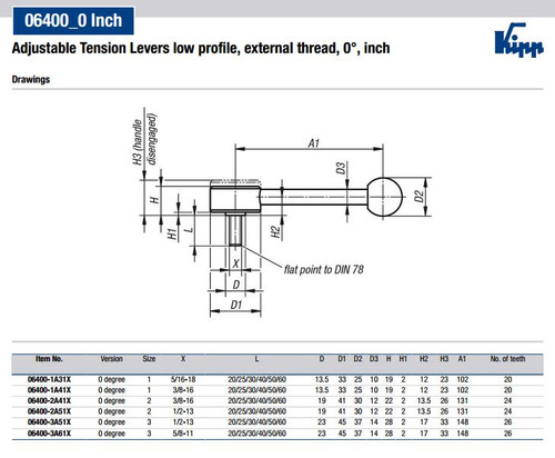 Kipp 3/8-16x40 Adjustable Tension Levers, Low Profile, External Thread, 0 Degrees, Size 2 (1/Pkg.), K0114.2A41X40