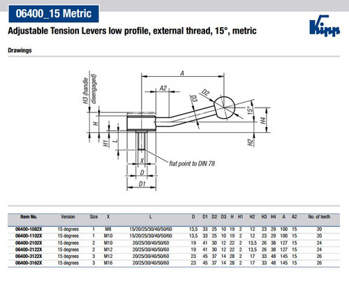 Kipp M10x50 Adjustable Tension Levers, Low Profile, External Thread, 15 Degrees, Size 2 (Qty. 1), K0114.2102X50