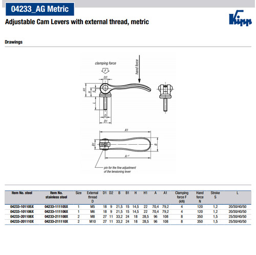 Kipp M5x40 Cam Lever, Adjustable, External Thread, Aluminum Handle, Size 1 (1/Pkg.), K0006.1501105X40