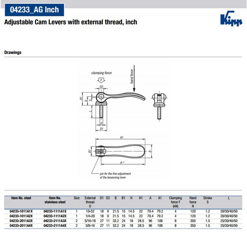 Kipp 10-32x30 Cam Lever, Adjustable, External Thread, Stainless Steel, Aluminum Handle, Size 1 (Qty. 1), K0006.15111A1X30