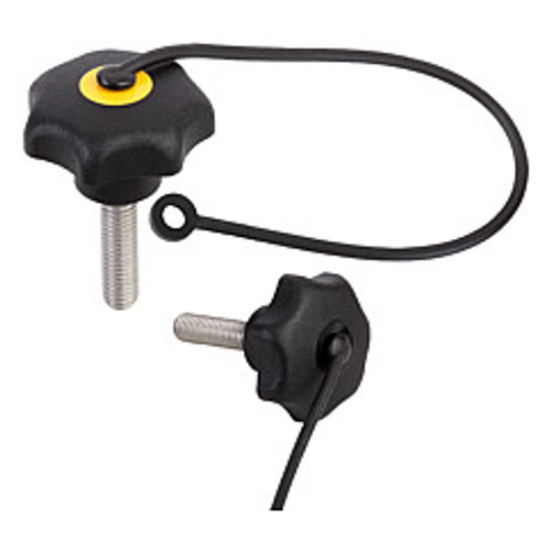 Kipp M5x15 Inside Diameter, 25 mm Diameter, Star Grip Knob with Safety Lanyard, Plastic with Stainless Steel External Thread, Style LS - Black (1/Pkg.), K0154.705X15