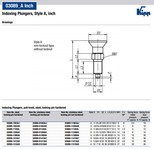 Kipp 3/4"-16 Indexing Plunger with Pull Knob, Stainless Steel, Locking Pin Hardened - Style A (Qty. 1), K0338.01412AO