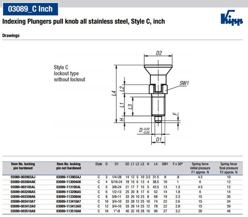 Kipp 3/4"-10 Indexing Plunger with Pull Knob, All Stainless Steel, Locking Pin Not Hardened - Style C (Qty. 1), K0632.113410A7