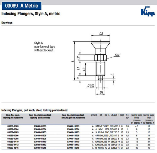 Kipp M12x1.5 Indexing Plunger with Pull Knob, Stainless Steel, Locking Pin Not Hardened - Style A (Qty. 1), K0338.11206