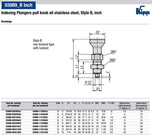 Kipp 3/4"-16 Indexing Plunger with Pull Knob, All Stainless Steel, Locking Pin Not Hardened - Style B (1/Pkg.), K0632.112412AO