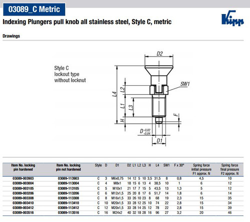 Kipp M20x1.5 (74 mm Length) Indexing Plunger with Pull Knob, All Stainless Steel, Locking Pin Hardened - Style C (Qty. 1), K0632.003410 Kipp M20x1.5 (74 mm Length) Indexing Plunger with Pull Knob, All Stainless Steel, Locking Pin Hardened - Style C (Qty. 1), K0632.003410