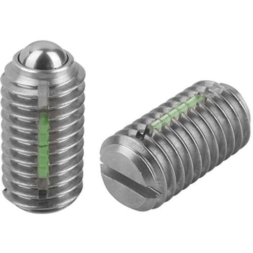 Kipp 1/4"-20 Spring Plungers, LONG-LOK, Ball Style, Slotted, Stainless Steel, Standard End Pressure (10/Pkg.), K0322.A2 Kipp 1/4"-20 Spring Plungers, LONG-LOK, Ball Style, Slotted, Stainless Steel, Standard End Pressure (10/Pkg.), K0322.A2