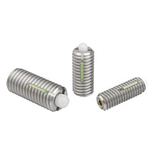 Kipp 1/4"-28 Spring Plungers, LONG-LOK, Pin Style, Hexagon Socket, Stainless Steel Body/POM Pin, Standard End Pressure (1/Pkg.), K0330.AJ