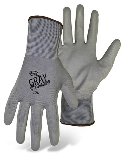 BOSS Lightweight Nylon Gloves w/ PU Coated Palm & Fingers, Gray, Size Large (12 Pair)