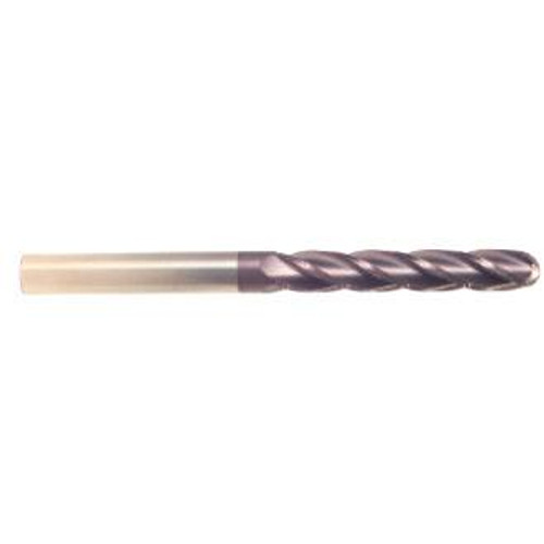 3/16" Cut Dia x 1-1/8" Flute Length x 3" OAL Solid Carbide End Mills, Extra Long Length, Single End Ball, 2 Flute, AlTiN - Hard Coat (Qty. 1)