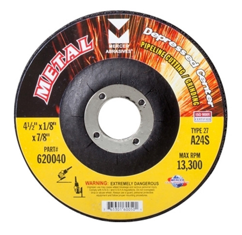 4" x 1/8" x 5/8" A24S T27 Depressed Center Pipe Cutting and Grinding Wheel - Single Grit, Mercer Abrasives 620020 (25/Pkg.)