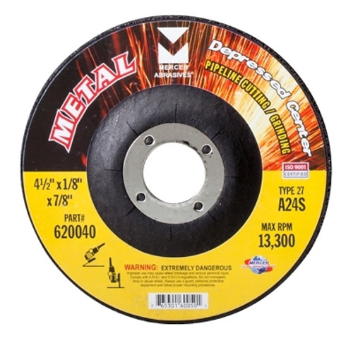 4-1/2" x 1/8" x 7/8" A24S T27 Depressed Center Pipe Cutting and Grinding Wheel - Single Grit, Mercer Abrasives 620040 (25/Pkg.)
