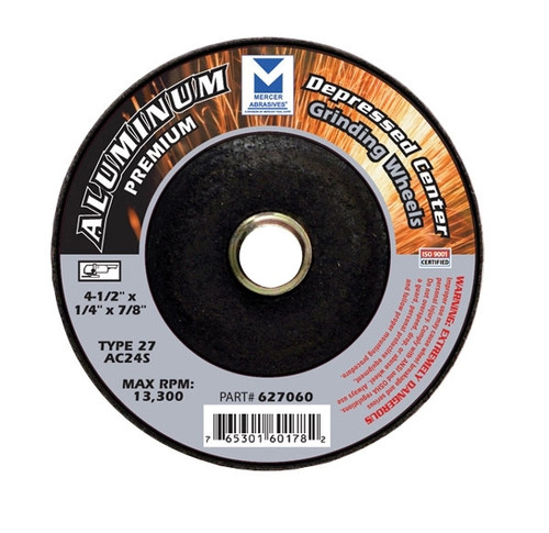 7" x 1/4" x 5/8"-11 AC24R T27 Premium Depressed Center Grinding Wheel - Single Grit, Mercer Abrasives 627150 (10/Pkg.)