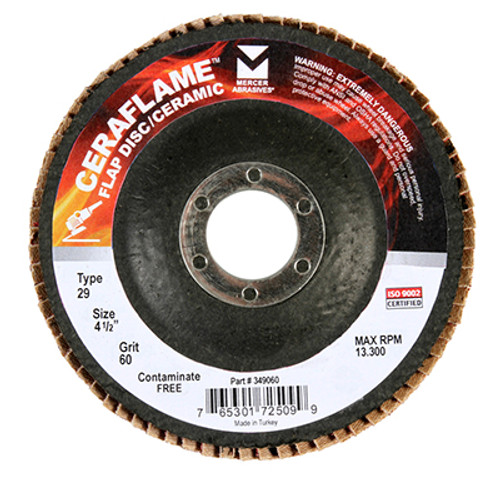 CeraFlame Type 29 Premium Ceramic Flap Discs - 4-1/2" x 7/8", Grit: 36, Mercer Abrasives 349036 (10/Pkg.)