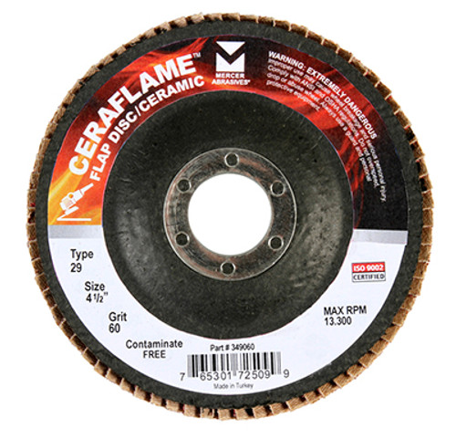 CeraFlame Type 29 Premium Ceramic Flap Discs - 4-1/2" x 5/8"-11, Grit: 40, Mercer Abrasives 349H040 (10/Pkg.)