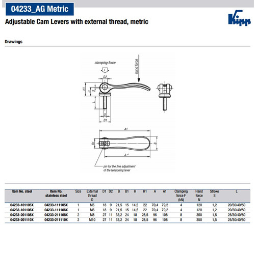 Kipp M5X20 Cam Lever, Adjustable, External Thread, Stainless Steel, Aluminum Handle, Size 0 (Qty. 1), K0006.0511105X20 Kipp M5X20 Cam Lever, Adjustable, External Thread, Stainless Steel, Aluminum Handle, Size 0 (Qty. 1), K0006.0511105X20