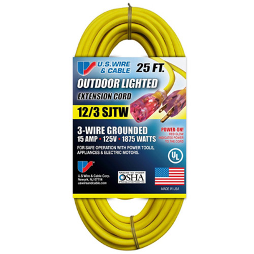 US Wire & Cable Yellow Outdoor Lighted Extension Cord, 12/3 SJTW, 25 ft, 74025 (1/Pkg.)