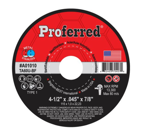 7" x .045" x 7/8" Type 1 Abrasive Cut-Off Wheel, TA60U, Proferred #A01013 (25/Pkg.)