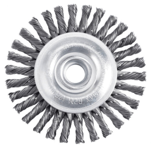 4" Twist Knot Wheel Carbon Steel .02 Wire & 5/8-11" Spindle Carbon Wire Brush
