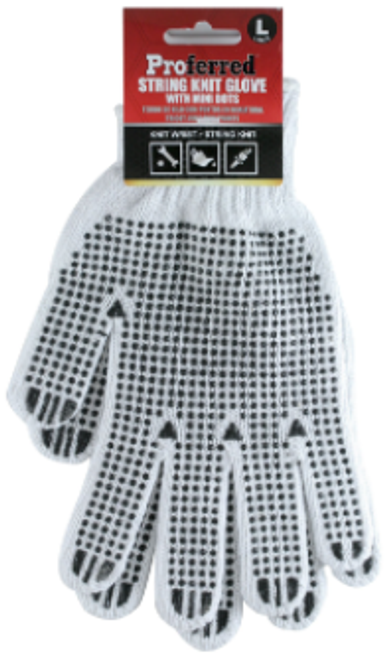 Proferred Industrial String Knit Gloves with PVC Dots, Large (Pkg/12)