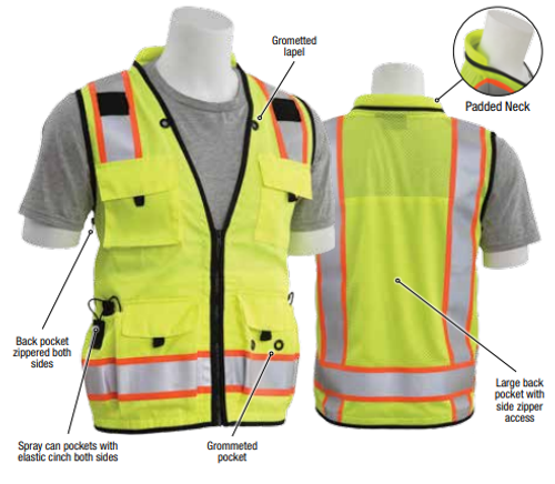Large S252C Lime ANSI Class 2 Mesh Surveyor's Vest 15 Pockets, padded neck, mic tabs both sides.  Hi-Viz Lime - Zipper