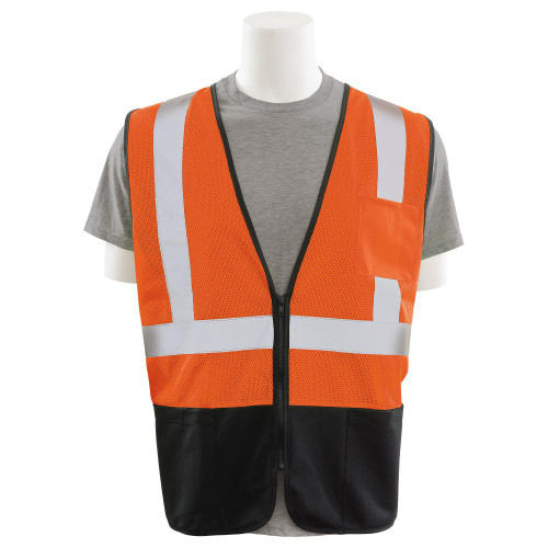 3X-Large S363PB Orange ANSI Class 2 Vest Mesh Economy Hi-Viz Orange/Black w/Pockets  - Zipper