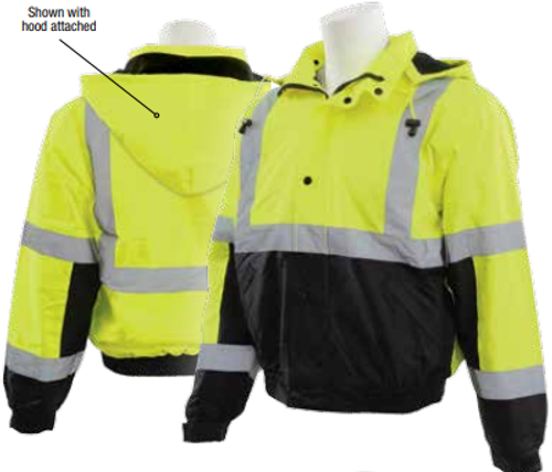 Large W106 Lime & Black ANSI Class 3 Bomber Jacket Oxford PU Coating Fleece Liner Hi-Viz Lime & Black - Zipper