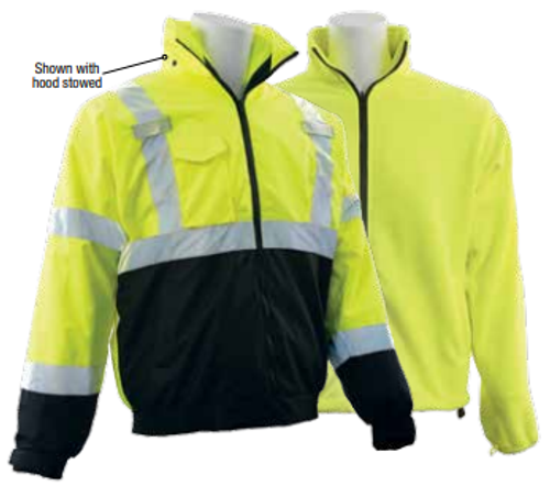 Large W530B Lime ANSI Class 3 3-n-1 Bomber Jacket, Removable Fleece Liner Hi-Viz Lime/Black Bottom - Zipper