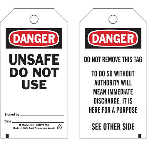 Brady? Lockout Tag, Danger: "Unsafe Do Not Use", Economy Polyester, 5 3/4" x 3", 25/Pkg