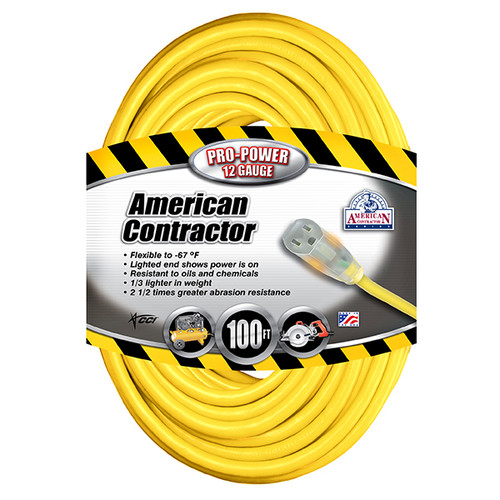 Vinyl SJTW Outdoor Extension Cord w/ Lighted End, 12/3 ga, 15 A, 100'