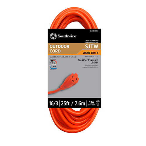 Vinyl SJTW Outdoor Extension Cord, 16/3 ga, 13 A, 25', Orange