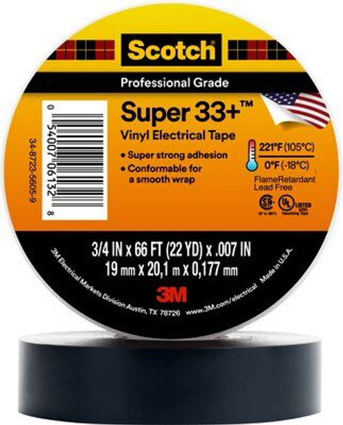 3M SCOTCH SUPER 33+ VINYL ELECTRICAL TAPE 3/4" X 66 Ft Black (10/Pkg.)