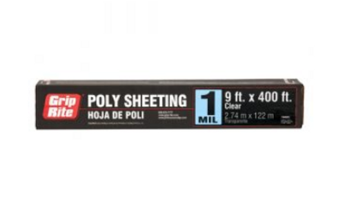 Grip Rite Light Duty Poly Sheeting, Clear, 1 mil, 9 ft x 400 ft, (1 Roll), #19400C