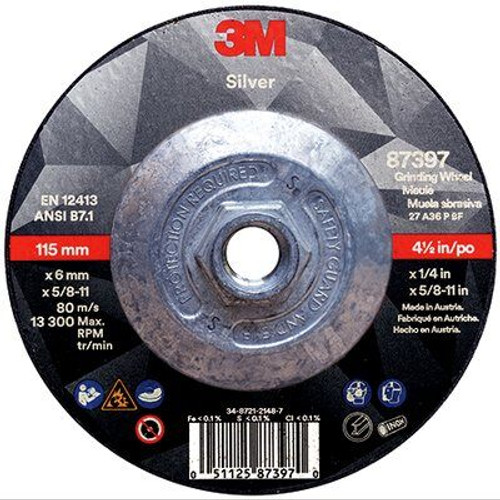 3M Silver Depressed Center Grinding Wheel, 36 Grit, 87397, T27 Quick Change, 4.5 in x 1/4 in x 5/8-11 in (20/Pkg.)