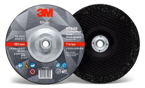 3M Silver Depressed Center Grinding Wheel, 36 Grit, 87448, T27 Quick Change, 7 in x 1/4 in x 5/8-11 in (20/Pkg.)