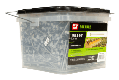 Grip Rite 16d, 10 Gauge, 3-1/2" Box Nails, Hot Dipped Galvanized, Diamond Point, Smooth Shank, (30 lb/Bucket), #16HGBXBK Grip Rite 16d, 10 Gauge, 3-1/2" Box Nails, Hot Dipped Galvanized, Diamond Point, Smooth Shank, (30 lb/Bucket), #16HGBXBK