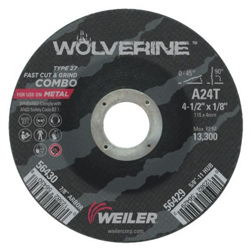 Weiler Wolverine Combo Wheels, 4 1/2 in Dia, 1/8 in Thick, 7/8 in Arbor, 24 Grit, R, 25/BX, #56430 Weiler Wolverine Combo Wheels, 4 1/2 in Dia, 1/8 in Thick, 7/8 in Arbor, 24 Grit, R, 25/BX, #56430