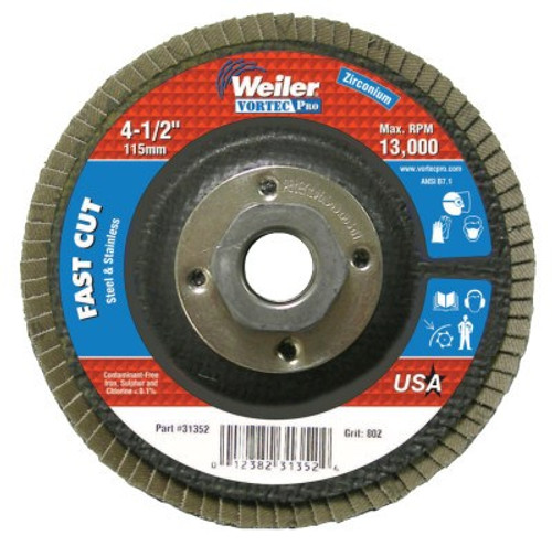 Weiler Vortec Pro Abrasive Flap Discs,4.5", 80 Grit, 5/8 Arbor, 13,000 rpm, Phenolic, 1 EA, #31352