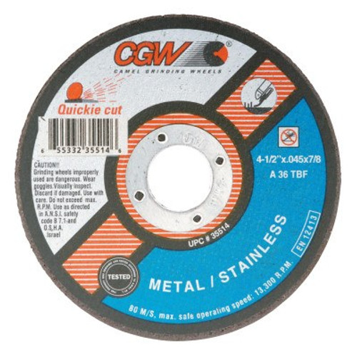 CGW Abrasives Cut-Off Wheel, Type 1, 4 1/2 in Dia, .045 in Thick, 36 Grit Alum. Oxide, 25/BX, #35514 CGW Abrasives Cut-Off Wheel, Type 1, 4 1/2 in Dia, .045 in Thick, 36 Grit Alum. Oxide, 25/BX, #35514