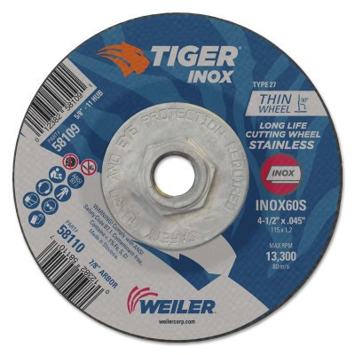 Weiler Tiger Inox Thin Cutting Wheels, 4.5" Dia., 0.045" Thick, 60 Grit, Aluminum Oxide, 10 EA, #58109