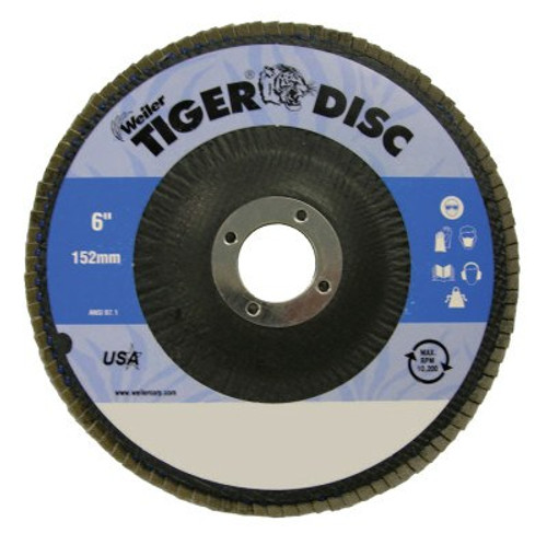 Weiler Tiger Disc Abrasive Flap Discs, 6 in,80 Grit, 7/8 Arbor, 10,200 rpm, 10 EA, #50651